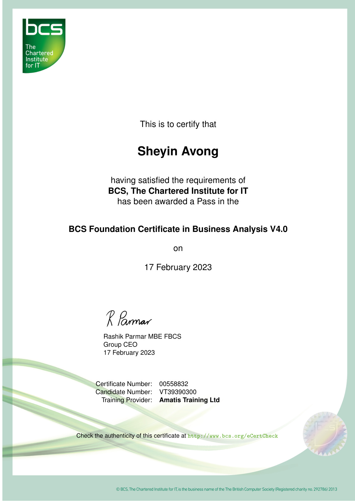 Preview of BCS Business Analysis certificate