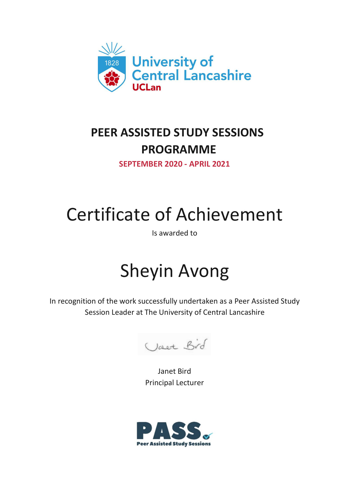 Preview of Peer Assisted Study Leader certificate